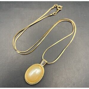 Vintage Avon Faux Pearl Pendant Necklace Oval Cabochon Clear Rhinestone Baguette